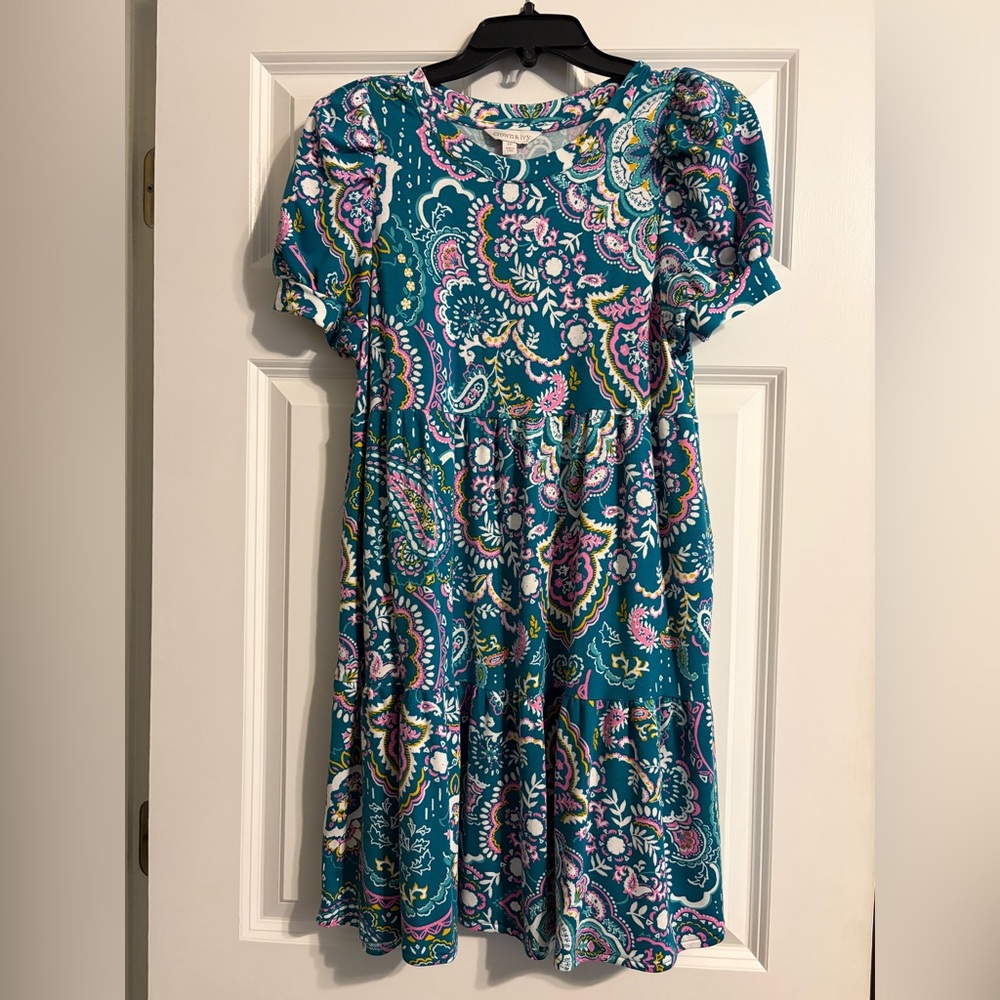 Crown & Ivy Teal Paisley Short-Sleeve Tiered Dress with Pink and Yellow Accents